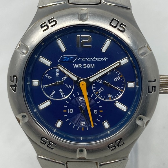 Reebok Watch Men 39mm Silver Tone Blue Dial Day Date WR 50M New Battery 8.25" - Picture 2 of 15